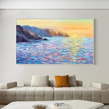 風景 Painting - パレットナイフによる日の出の海沿岸の海の風景ビーチアート壁の装飾海岸